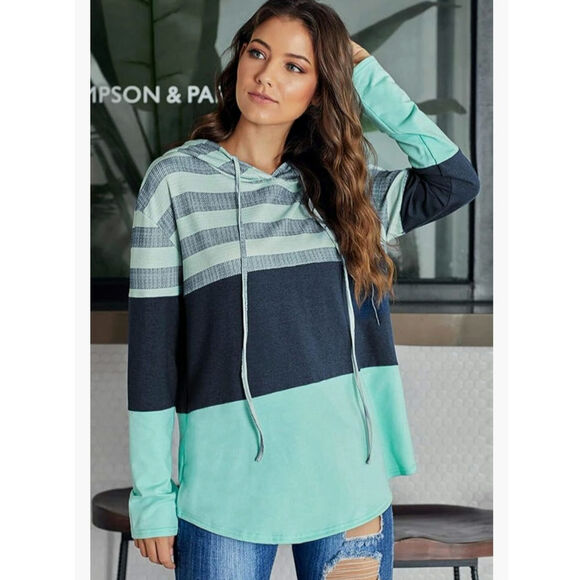 Pullover Hoodie Stripe Colorblock Womens Top Sz XL Green Blue Long Sleeve Shirt - Picture 1 of 16